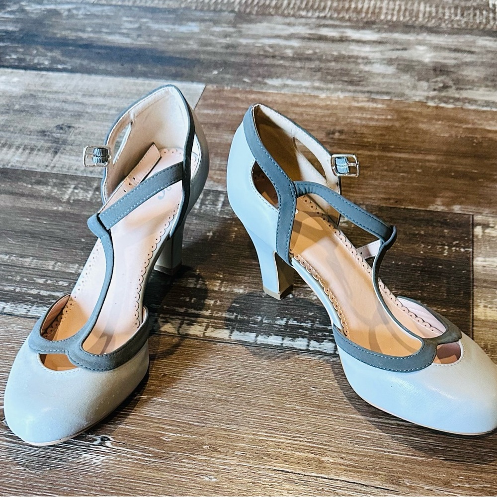 Gray Suede Mary Jane Heels with Ankle Strap